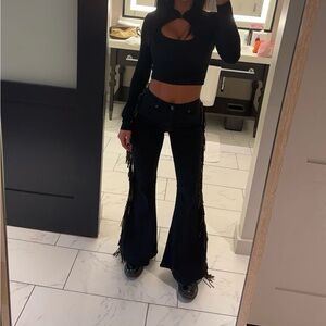 women’s black and gold fringe jeans